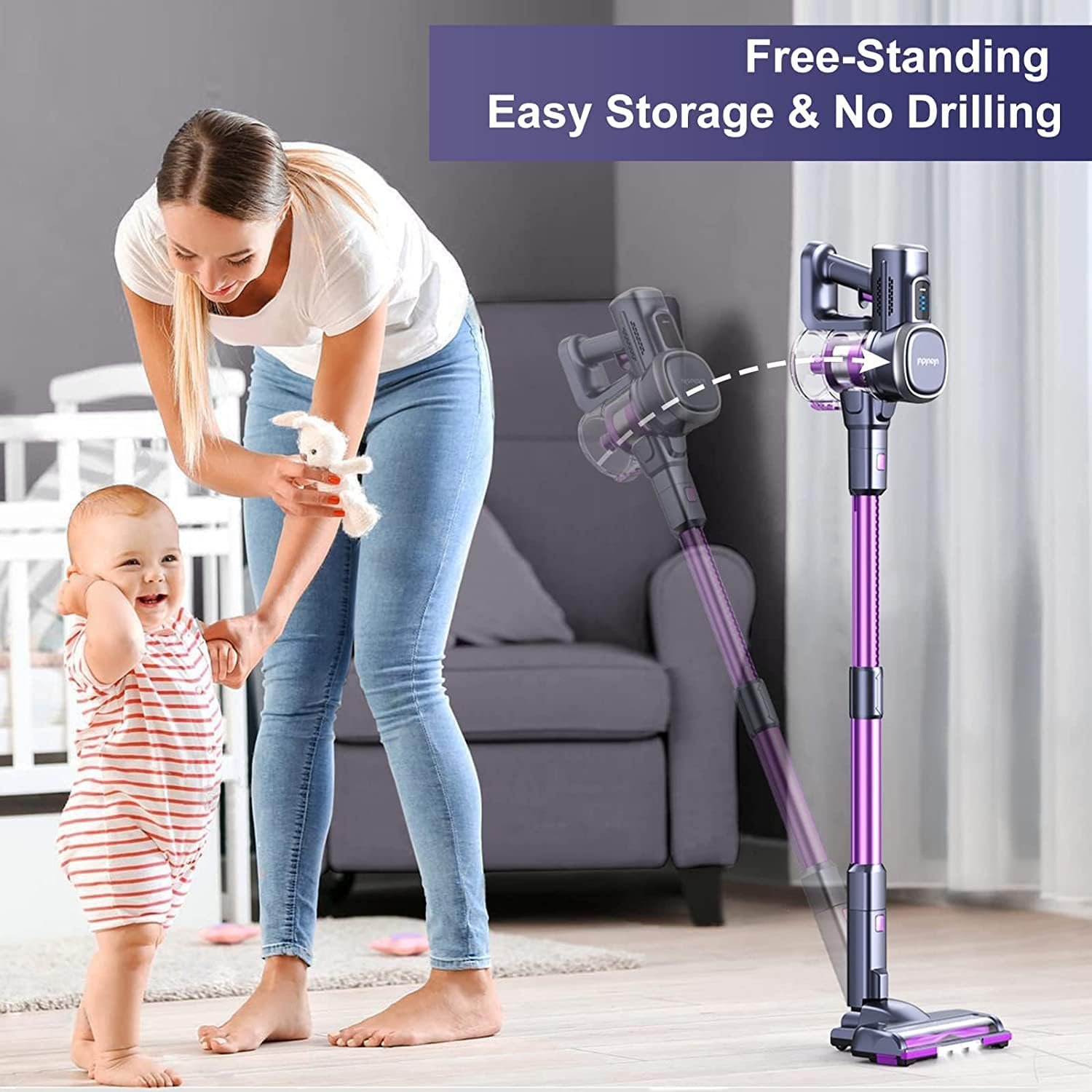 Lubluelu-Cordless Self-Standing Vacuum Cleaner, 25KPa leistungsstarke Saugkraft, 220W Stick Hoover für Tierhaare, Hartböden und Teppiche, 600ml Mülleimer - Image 3